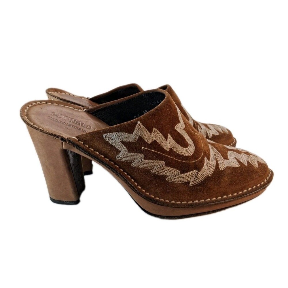 Donald Pliner Juno Brown Suede Embroidered Western Mule Clogs Heels Women's 6.5